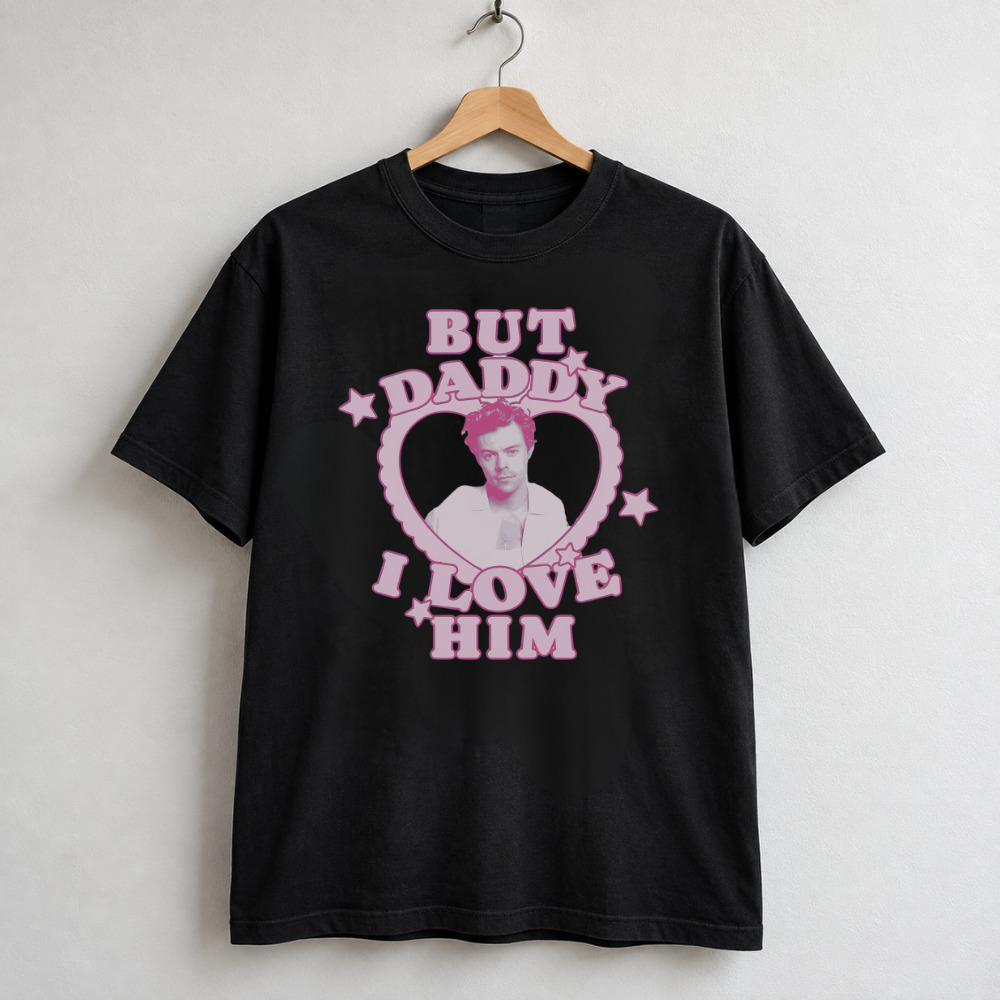 Harry Styles But Daddy I Love Him Pink Heart Stars Vintage Black T-Shirt